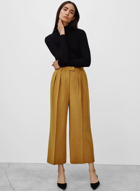 wide legged mustard gold pants #style | How to wear culottes .