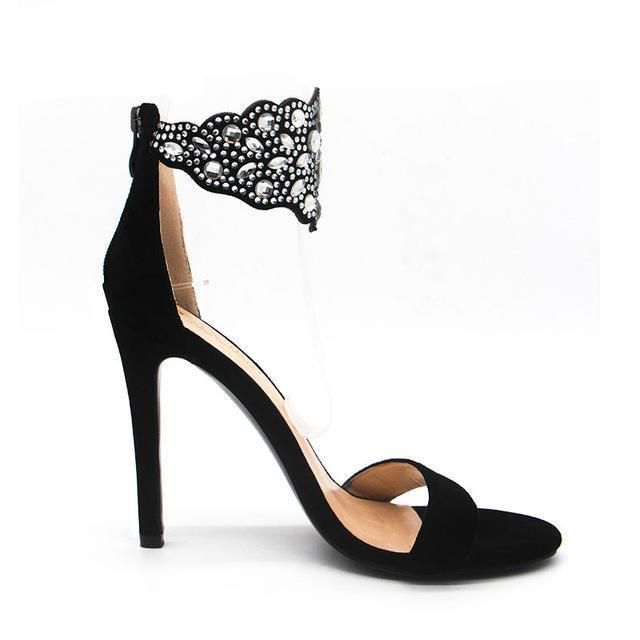 Women's Fashion Crystal Peep Toe Zipper Back High Heels - Black .