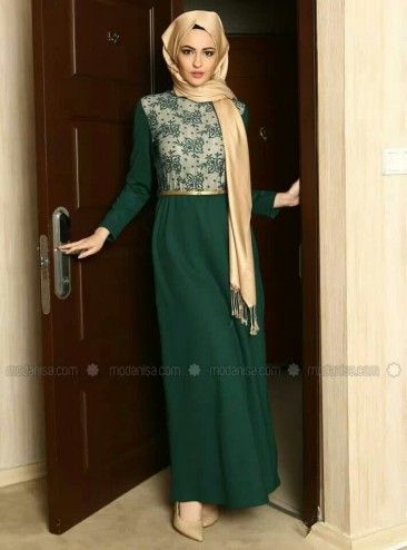 Green dress and gold scarf | Hijabista #110 | Muslimah fashion .