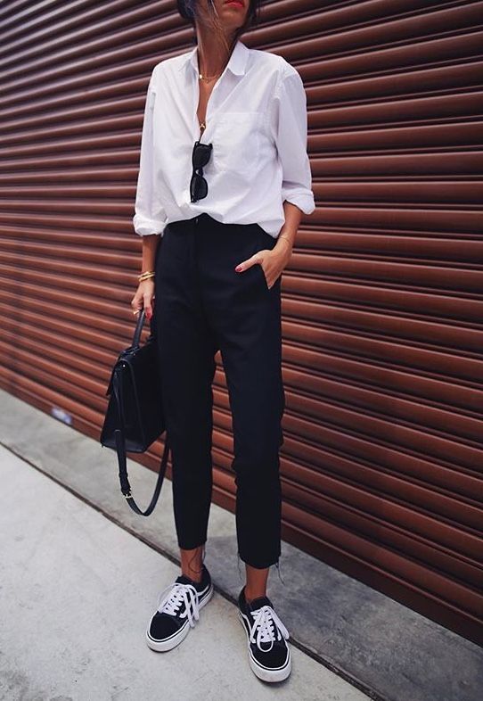 Cropped Pant and Sneakers | Button Front Blouse | White Shirt .