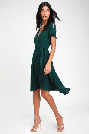 Emelina Dark Green Leaf Print Wrap Dress | Green dress casual .
