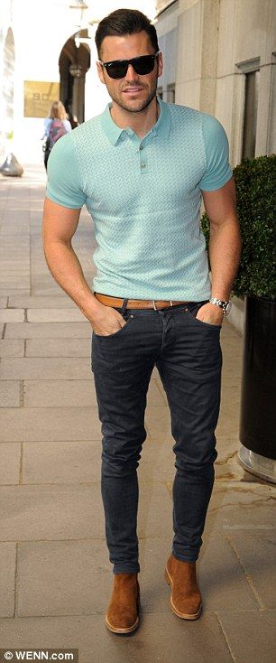 Mark Wright in a Mint Green polo shirt | Polo shirt outfit men .