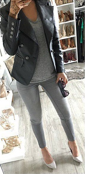60+ Outfit Ideas To Try This Fall | Leather jacket outfits, Grey .