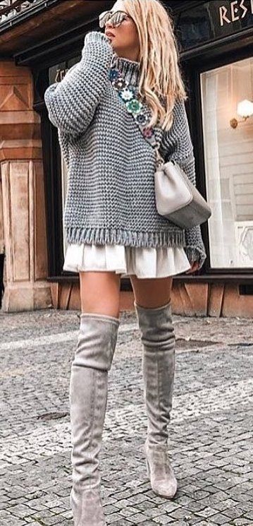 winter #outfits gray sweater and gray knee-high boots | Stylish .