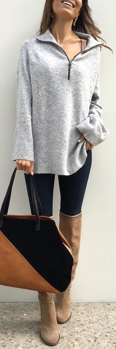 winter #outfits heather-grey half-zip sweater | Fashion outfits .