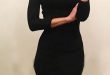 Black Draped High Neck Long Sleeve Fashion Midi Dress | Black .