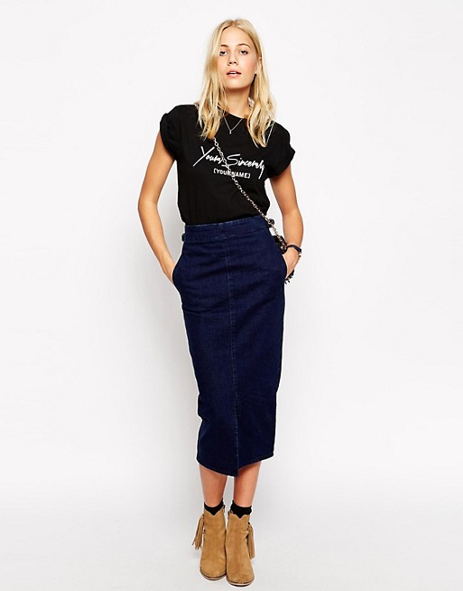 ASOS Denim High Waisted Midi Skirt in Deep Indigo | AS