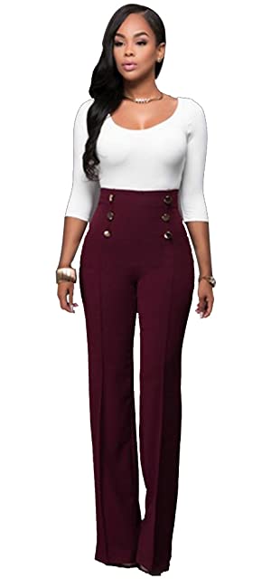 LKOUS Women's Stretchy High Waisted Wide Leg Button-Down Pants at .