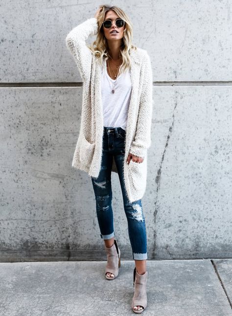 Solid Color Open Front Long Sleeve Hooded Cardigan Sweater .