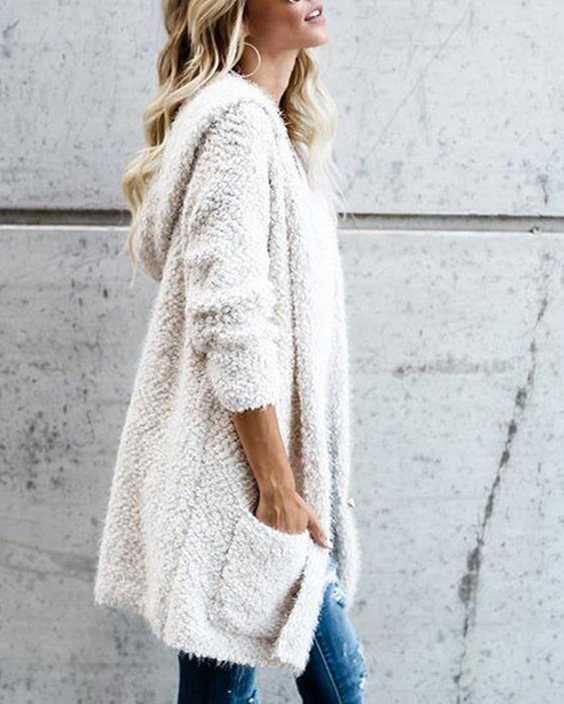 Oversized Faux Wool Long Hooded Cardigan With Pockets | Fashion .