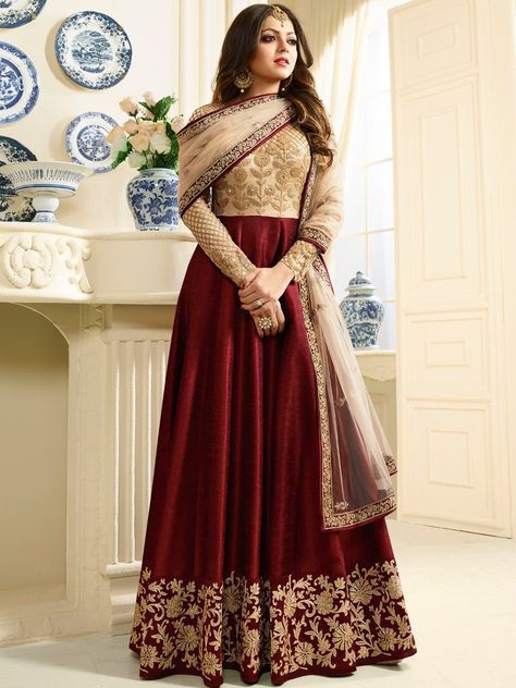 Drashti Dhami Red Banglory Silk ANd Net womens Semi Stitched Long .