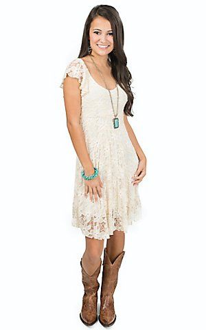 Panhandle Women's Ivory Lace Scoop Neck Ruffle Back Dress .