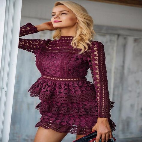 Vintage Hollow Out Ruffle Lace Peplum Dress For Women | Lace .
