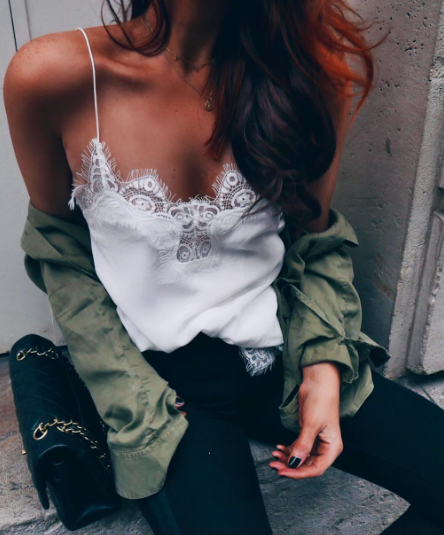 army green shirt + white lace cami + denim | Fashion, Street style .