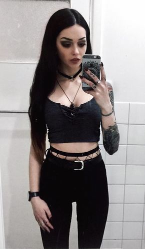 Choker with lace-up crop top, fishnet leggings & black pants by .