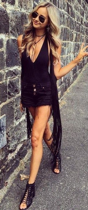 All Black Tank with Fringe Vest and Shorts and Lace-Up Sandals .