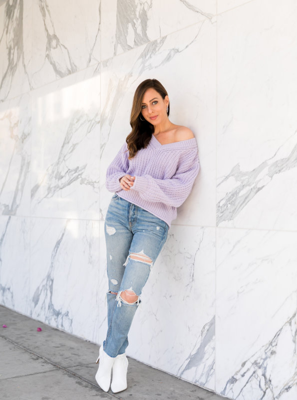 Sydne Style shows winter outfit ideas in lavender sweater and .