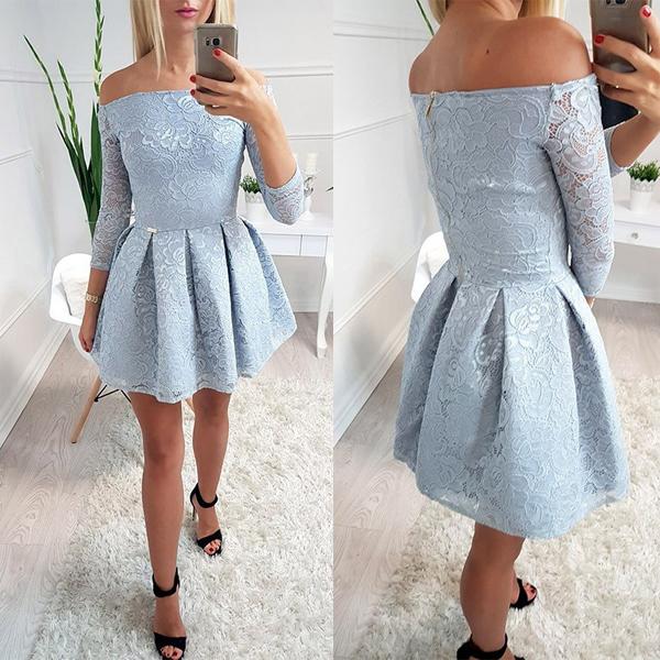 Light Blue Lace Off Shoulder Long Sleeve Simple Homecoming Dresses .