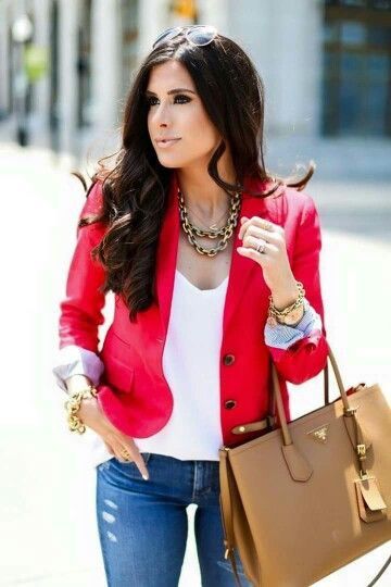 Red blazer over white tee and blue jeans. | Red blazer outfit .