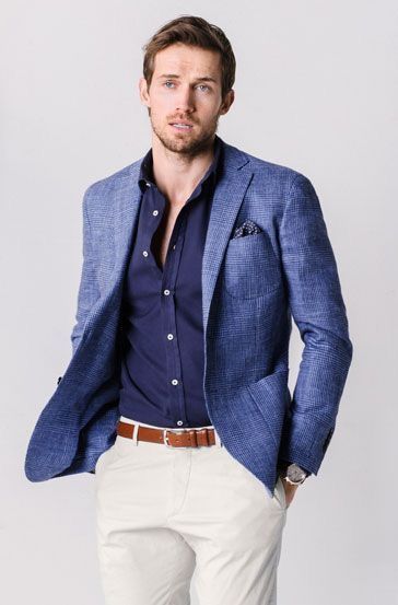 Business casual inspiration with a blue plaid linen blazer navy .