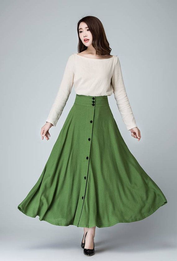 Green skirt, maxi linen skirt, button front skirt, full skirt .