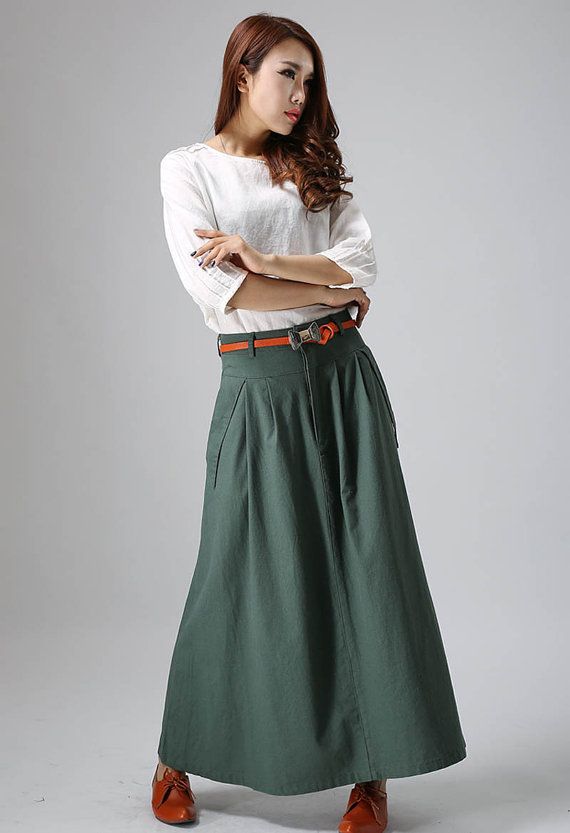 Maxi linen skirt, green linen skirt, long linen skirt, woman skirt .