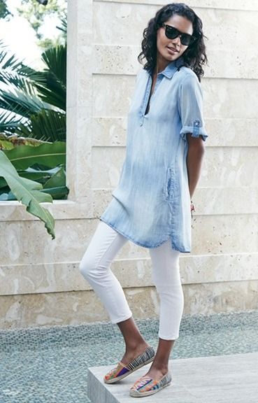 long chambray shirt | Dresses with leggings, Outfits with leggings .