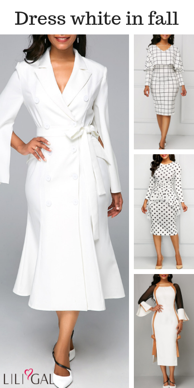 Classy fall white dress outfit, long sleeve white dress, white .
