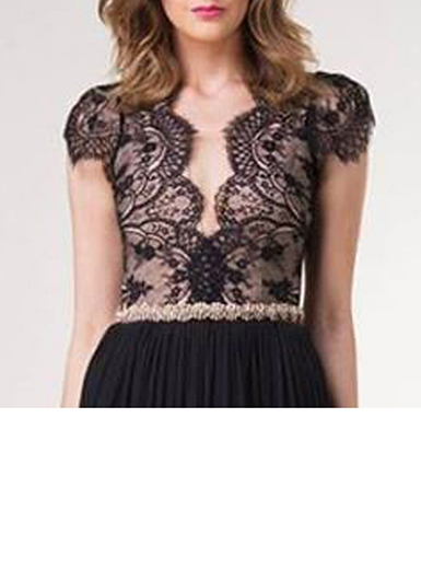 Maxi Dress - Short Sleeves / Long Black Skirt / Lace Top Ha