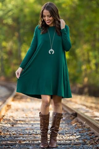 The Perfect Piko Long Sleeve Swing Dress-Forest Green | Winter .