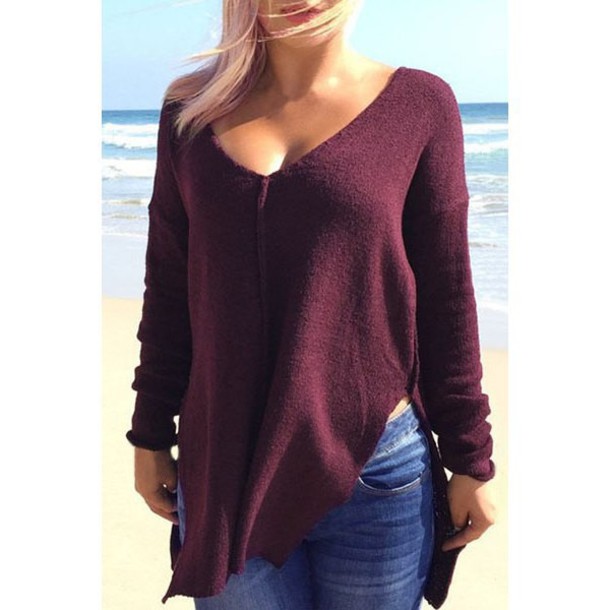 sweater, purple, long sleeves, burgundy, knitwear, stylish v-neck .