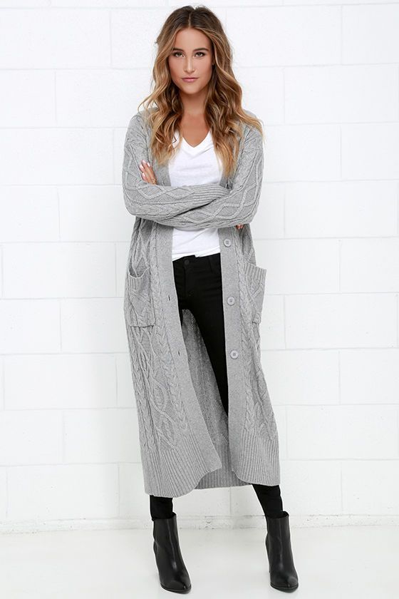 At Great Length Grey Long Cardigan Sweater | Grey sweater outfit .