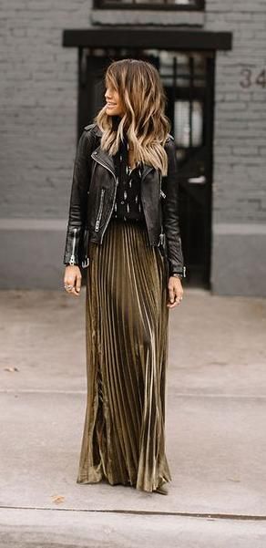 biker jacket. metallic pleated skirt. street style. | Street style .