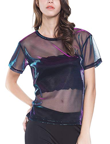 Holographic Mesh Shirt Metallic Shimmer See Through Shiny Top for .