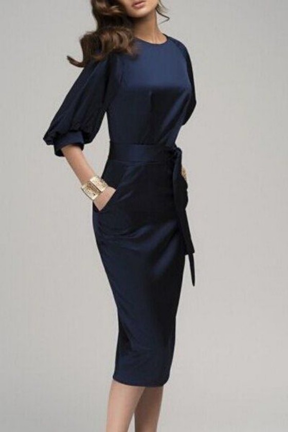 Navy Blue Belt Sashes Pockets Bodycon Elbow Sleeve OL Bussiness .