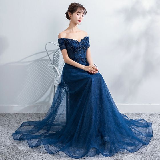 Appealing Princess navy blue off the shoulder long gown outfit for .
