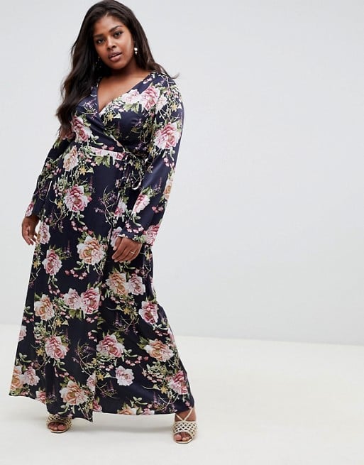 ASOS DESIGN Curve Wrap Maxi With Long Sleeve in Navy Floral Print .