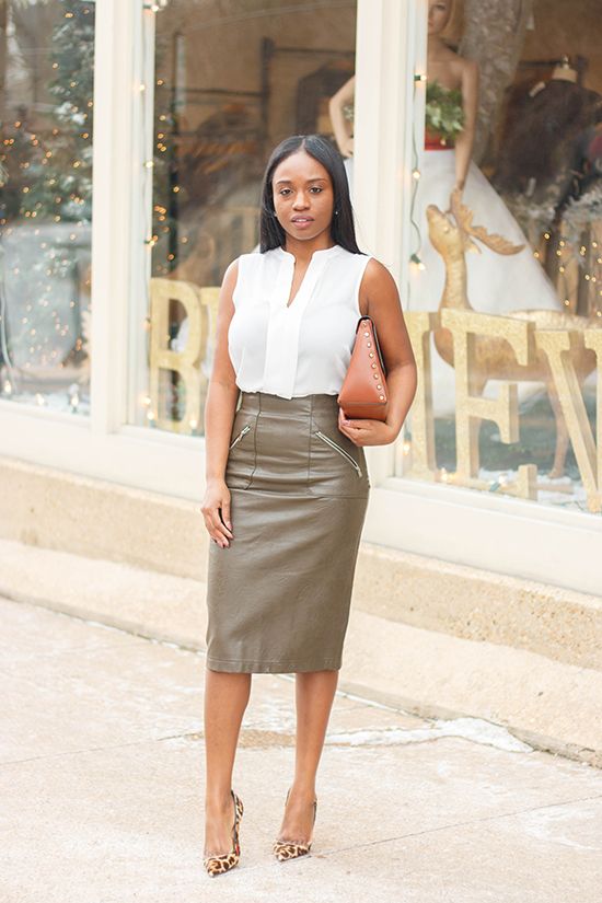 white blouse top + olive green pencil skirt + leopard pumps .
