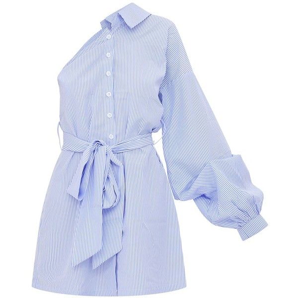 Blue Striped One Shoulder Shirt Dress ($33) ❤ liked on Polyvore .