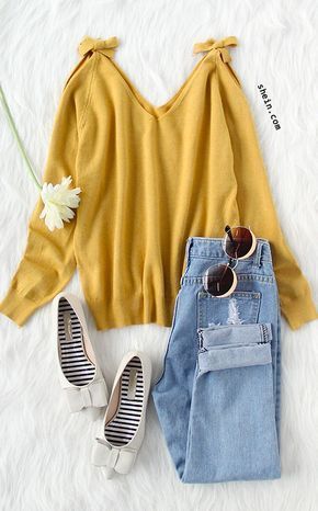 Sweet fall style- Yellow open shoulder jersey sweater outfit .