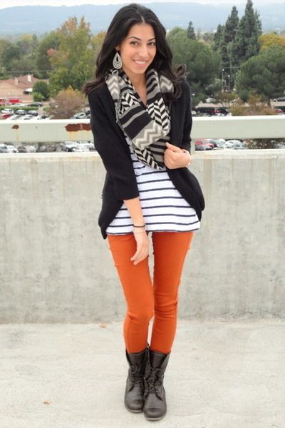 Stripes and burnt-orange pair perfectly! | Orange pants outfit .