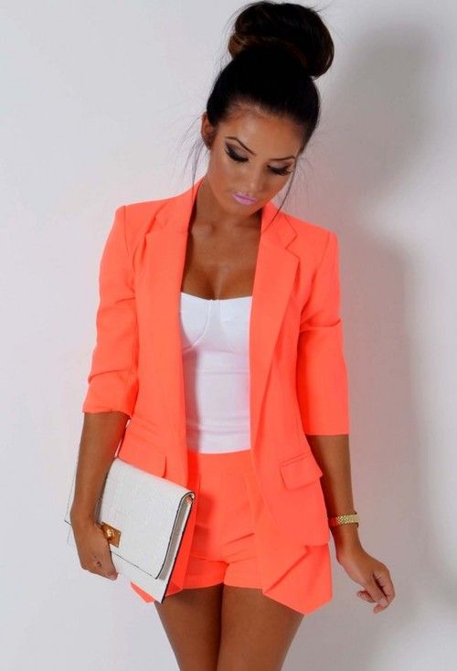 Women's Orange Blazer, White Bustier Top, Orange Shorts, White .