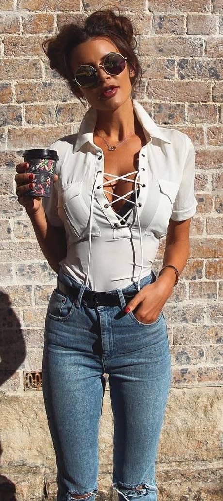 trendy outfit idea lace up shirt ripped jeans | Ripped jeans style .