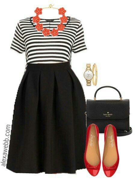 Flare skirt, striped T, red accesories | Fashion, Plus size .