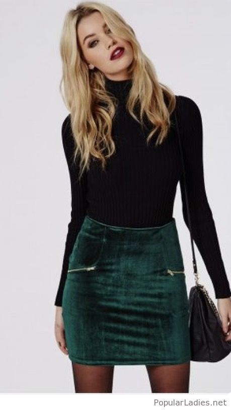 green-velvet-skirt-and-black-blouse | Fashion, Fall winter outfits .