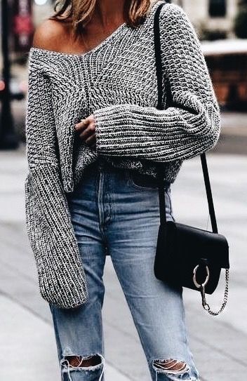 Gray oversized knit sweater with blue jeans. | Fashion, Clothes .