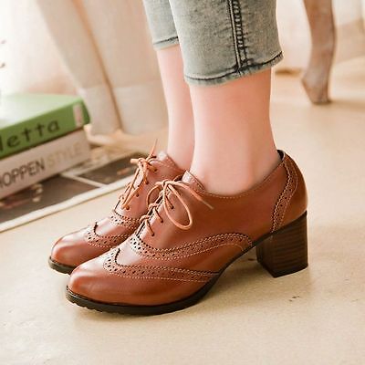 Women Retro Stylish Brogues Lace Up Shoes Womens Oxford Chunky .
