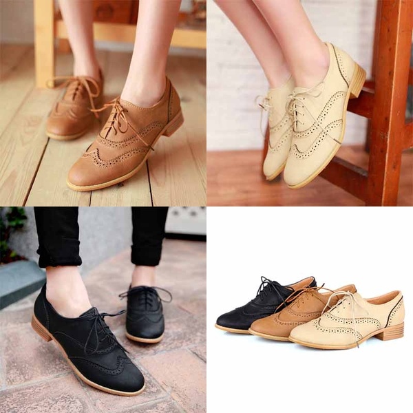 Fashion Round Toe Lace Up Women Flat Oxford Shoes Size 34-43 Shoes .