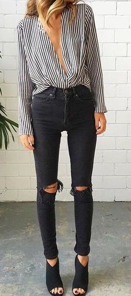 striped blouse + black ripped skinny jeans. heeled peep toe ankle .