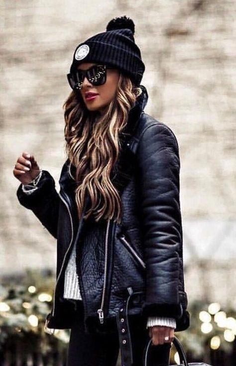 New black faux leather shearling warm aviator women coat winter .